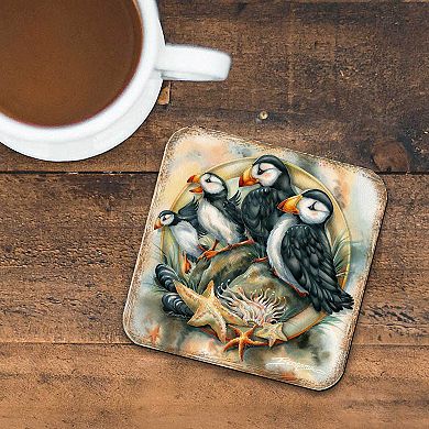Puffins Wooden Cork Coasters Gift Set of 4 - Art by J. Bergsma