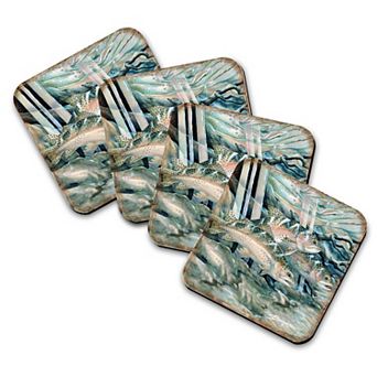 Catch the Rainbow Trout Wooden Cork Coasters Gift Set of 4 - Art by J. Bergsma