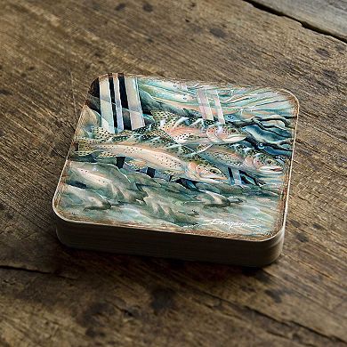 Catch the Rainbow Trout Wooden Cork Coasters Gift Set of 4 - Art by J. Bergsma