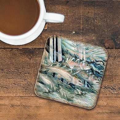 Catch the Rainbow Trout Wooden Cork Coasters Gift Set of 4 - Art by J. Bergsma