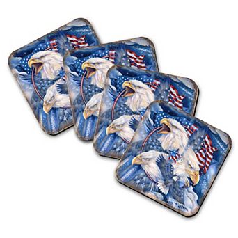 Allegiance American Patriotic Eagles Wooden Cork Coasters Gift Set of 4 - Art by J. Bergsma