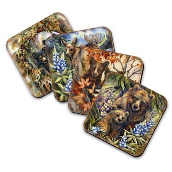 Forest Friends Wooden Cork Coasters Gift Set of 4 - Art by J. Bergsma