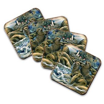 Lions of the Sea Wooden Cork Coasters Gift Set of 4 - Art by J. Bergsma