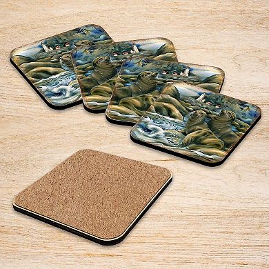 Lions of the Sea Wooden Cork Coasters Gift Set of 4 - Art by J. Bergsma