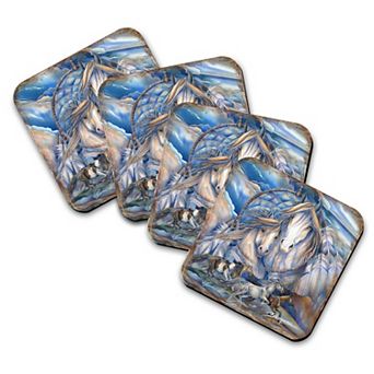 Mustangs Dream Catcher Wooden Cork Coasters Gift Set of 4 - Art by J. Bergsma