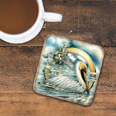 Pelicans Wooden Cork Coasters Gift Set of 4 - Art by J. Bergsma