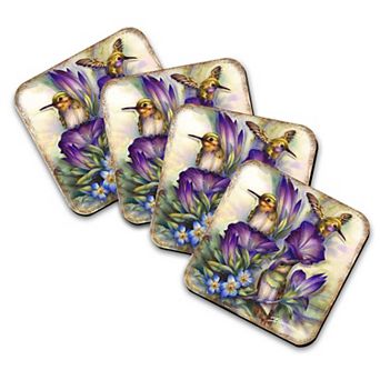 Everlasting Friendship Hummingbirds Wooden Cork Coasters Gift Set of 4 - Art by J. Bergsma