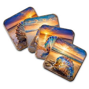 Sunset on the Beach Wooden Cork Coasters Gift Set of 4
