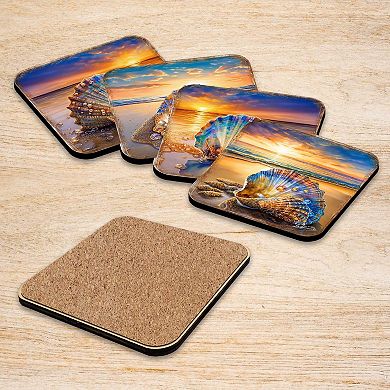 Sunset on the Beach Wooden Cork Coasters Gift Set of 4