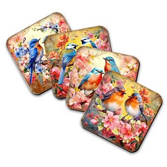 Spring Birds Wooden Cork Coasters Gift Set of 4