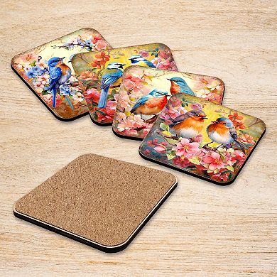Spring Birds Wooden Cork Coasters Gift Set of 4
