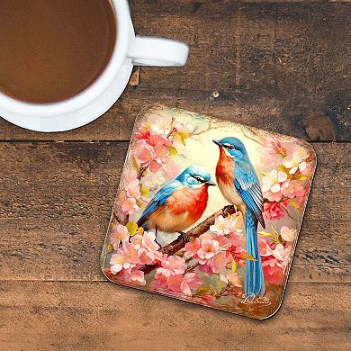 Spring Birds Wooden Cork Coasters Gift Set of 4