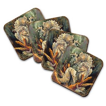 Seahorse Family Wooden Cork Coasters Gift Set of 4 - Art by J. Bergsma