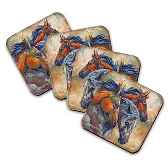 Herd of Horses Wooden Cork Coasters Gift Set of 4 - Art by J. Bergsma