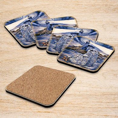 Starlight Otters Wooden Cork Coasters Gift Set of 4 - Art by J. Bergsma