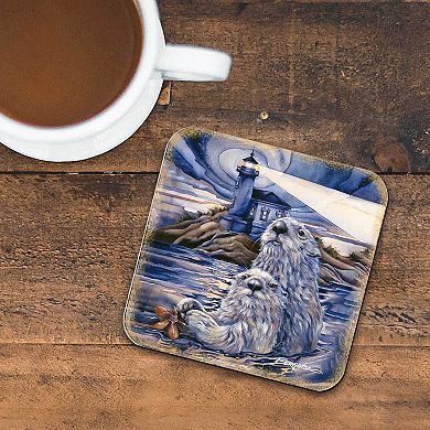 Starlight Otters Wooden Cork Coasters Gift Set of 4 - Art by J. Bergsma