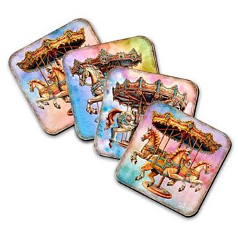 Carousel Horses Wooden Cork Coasters Gift Set of 4