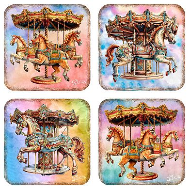 Carousel Horses Wooden Cork Coasters Gift Set of 4