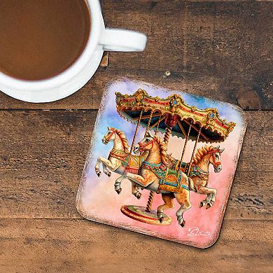 Carousel Horses Wooden Cork Coasters Gift Set of 4