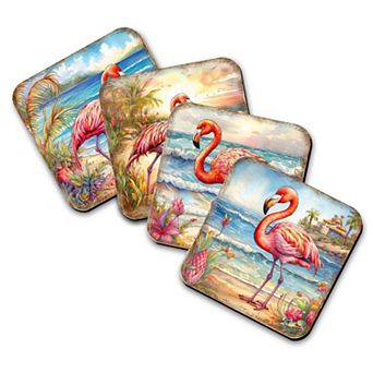 Pink Flamingo Wooden Cork Coasters Gift Set of 4