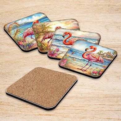 Pink Flamingo Wooden Cork Coasters Gift Set of 4