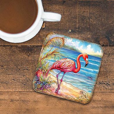 Pink Flamingo Wooden Cork Coasters Gift Set of 4