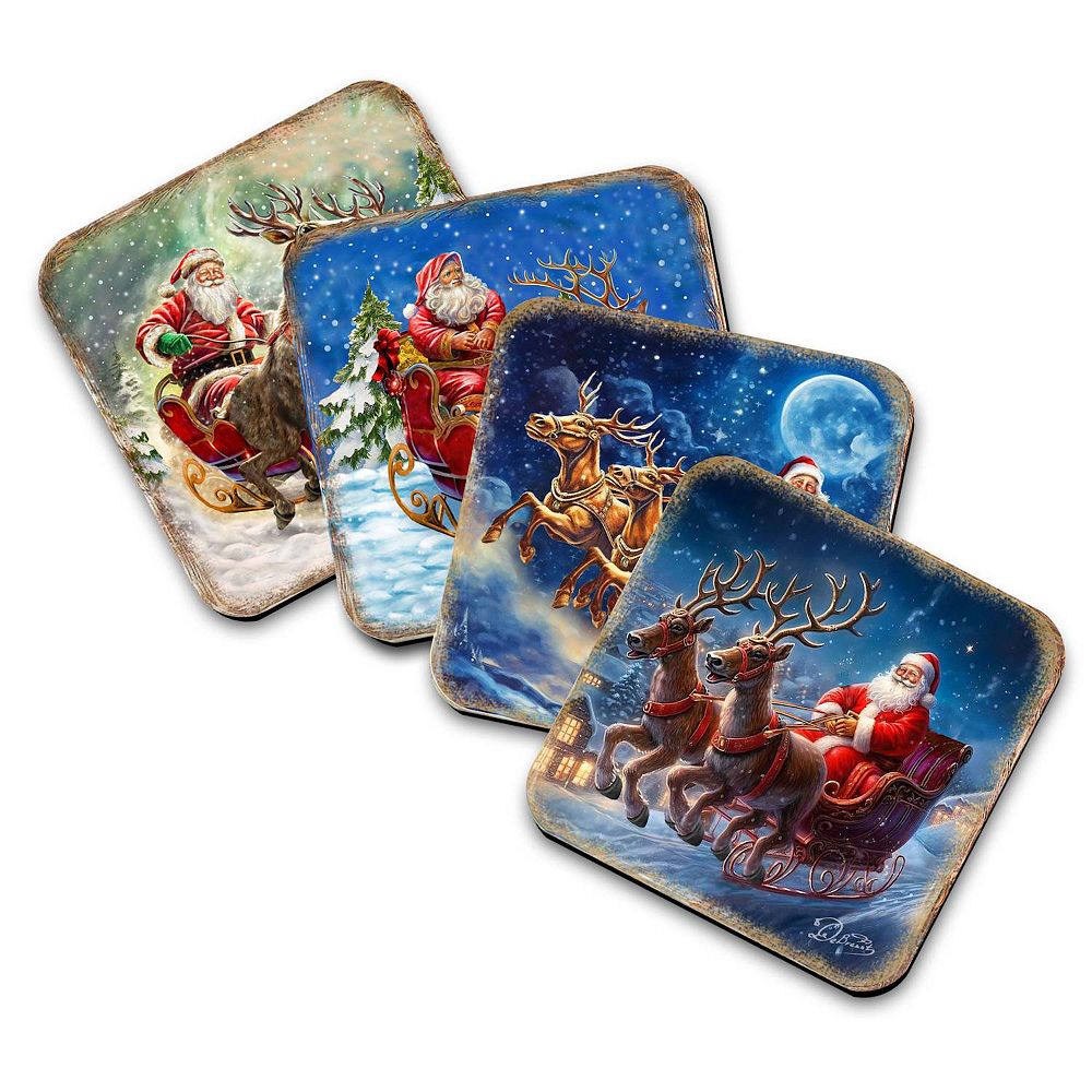 Santa's Sleigh Wooden Cork Coasters Gift Set of 4