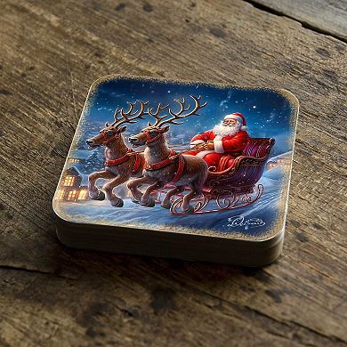 Santa's Sleigh Wooden Cork Coasters Gift Set of 4