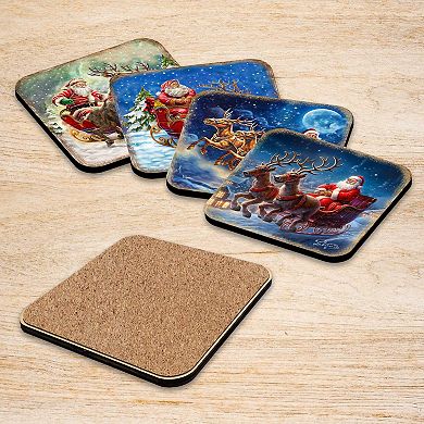 Santa's Sleigh Wooden Cork Coasters Gift Set of 4