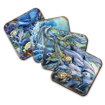 Sea Creatures Wooden Cork Coasters Gift Set of 4 - Art by J. Bergsma