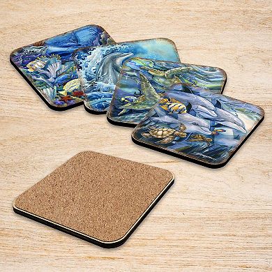 Sea Creatures Wooden Cork Coasters Gift Set of 4 - Art by J. Bergsma