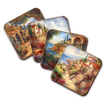 Mediterranean Sea-side Wooden Cork Coasters Gift Set of 4