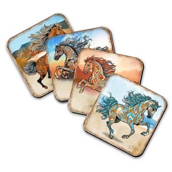 Horses Wooden Cork Coasters Gift Set of 4