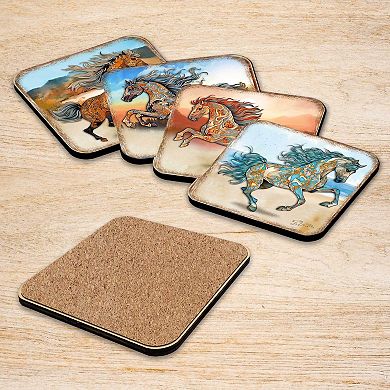 Horses Wooden Cork Coasters Gift Set of 4