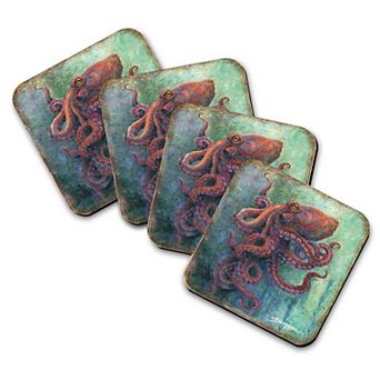 Octopus Wooden Cork Coasters Gift Set of 4 - Art by J. Bergsma