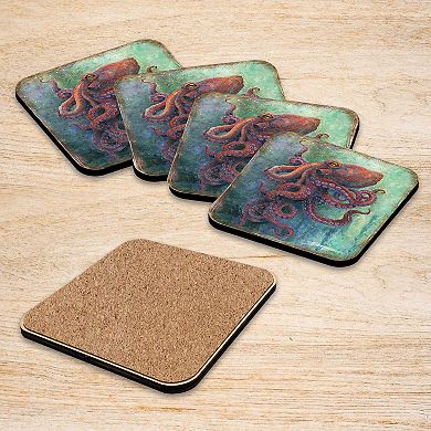 Octopus Wooden Cork Coasters Gift Set of 4 - Art by J. Bergsma