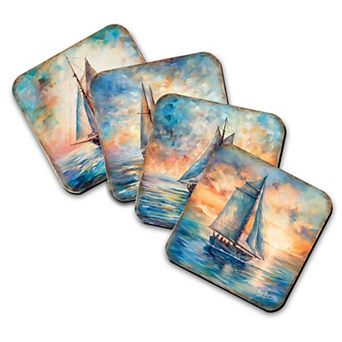 Sail Boats Wooden Cork Coasters Gift Set of 4