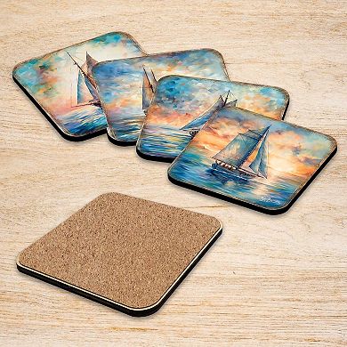 Sail Boats Wooden Cork Coasters Gift Set of 4