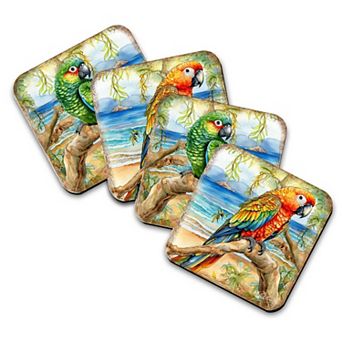 Parrots Wooden Cork Coasters Gift Set of 4