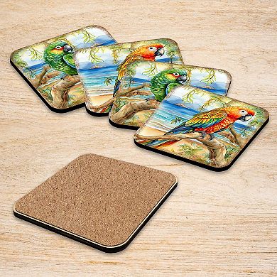 Parrots Wooden Cork Coasters Gift Set of 4