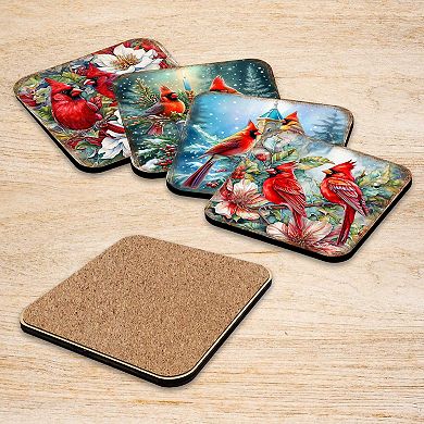 Red Cardinals Wooden Cork Coasters Gift Set of 4