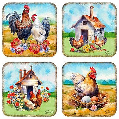Spring on a Farm Wooden Cork Coasters Gift Set of 4