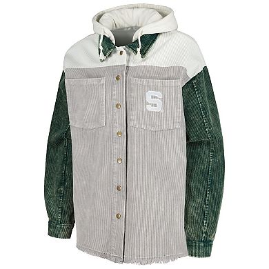 Women's Gameday Couture Gray Michigan State Spartans Vintage Wash Corduroy Full-Snap Hooded Shacket