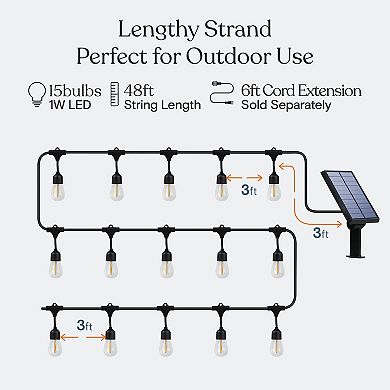 Ambience Pro 48 Ft. Outdoor Solar Led 1-watt String Lights In Warm White With 15 Hooks