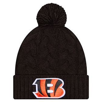 Girls Youth New Era Black Cincinnati Bengals Cabled Cuffed Knit Hat with Pom