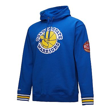 Men's Mitchell & Ness Royal Golden State Warriors Chainstitch Applique Vintage Heavyweight Pullover Hoodie
