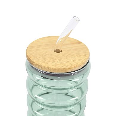 Wavy Shaped Glass Can Cup with Bamboo Lid