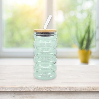 Wavy Shaped Glass Can Cup with Bamboo Lid