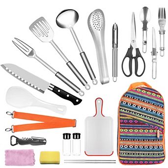 19 pc Camping Cooking Utensil Kit Portable Outdoor Cookware BBQ Picnic Kitchen Set with Bag