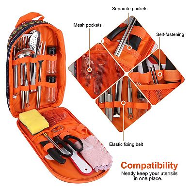 19Pcs Camping Cooking Utensil Kit Portable Outdoor Cookware BBQ Picnic Kitchen Set with Bag